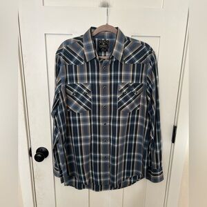 Lucky Brand Men's Pearl Snap Button Up Rockabilly Shirt Western Rodeo Blue Gray